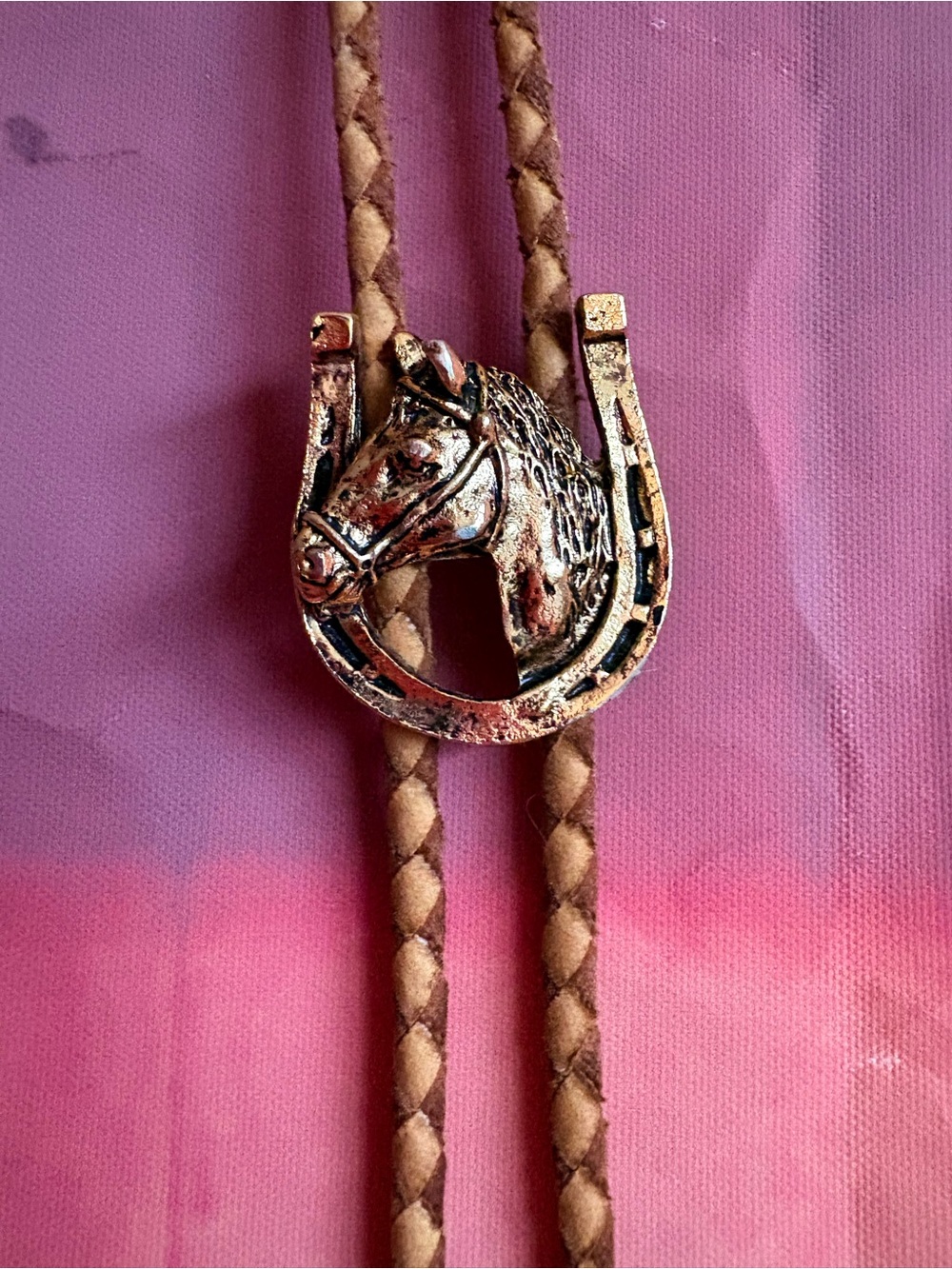 Vintage Horse & Horseshoe Bolo Tie – Gold Tone Western Slide, Braided Cord